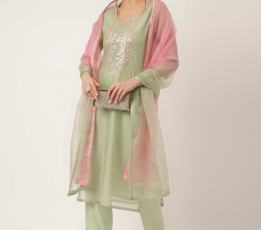 Divena Green Pink Embroidered  Chanderi  Kurta, Trouser With Dupatta