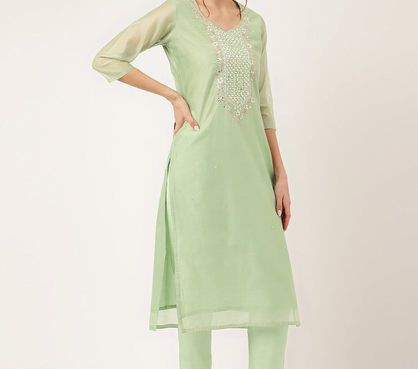 Divena Green Pink Embroidered  Chanderi  Kurta, Trouser With Dupatta