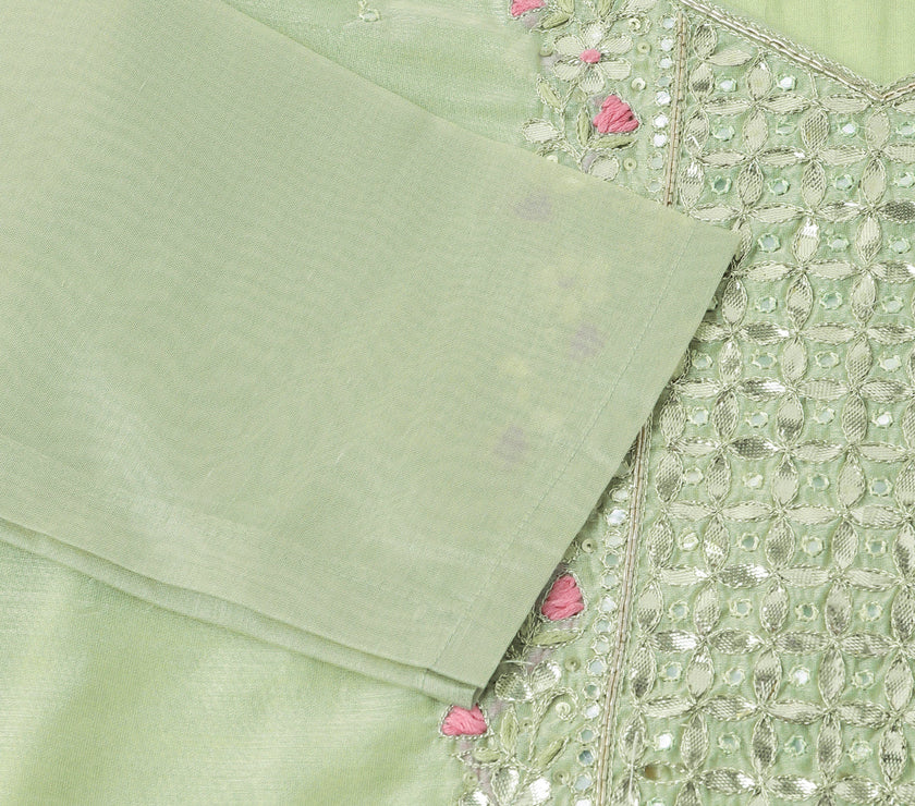 Divena Green Pink Embroidered  Chanderi  Kurta, Trouser With Dupatta