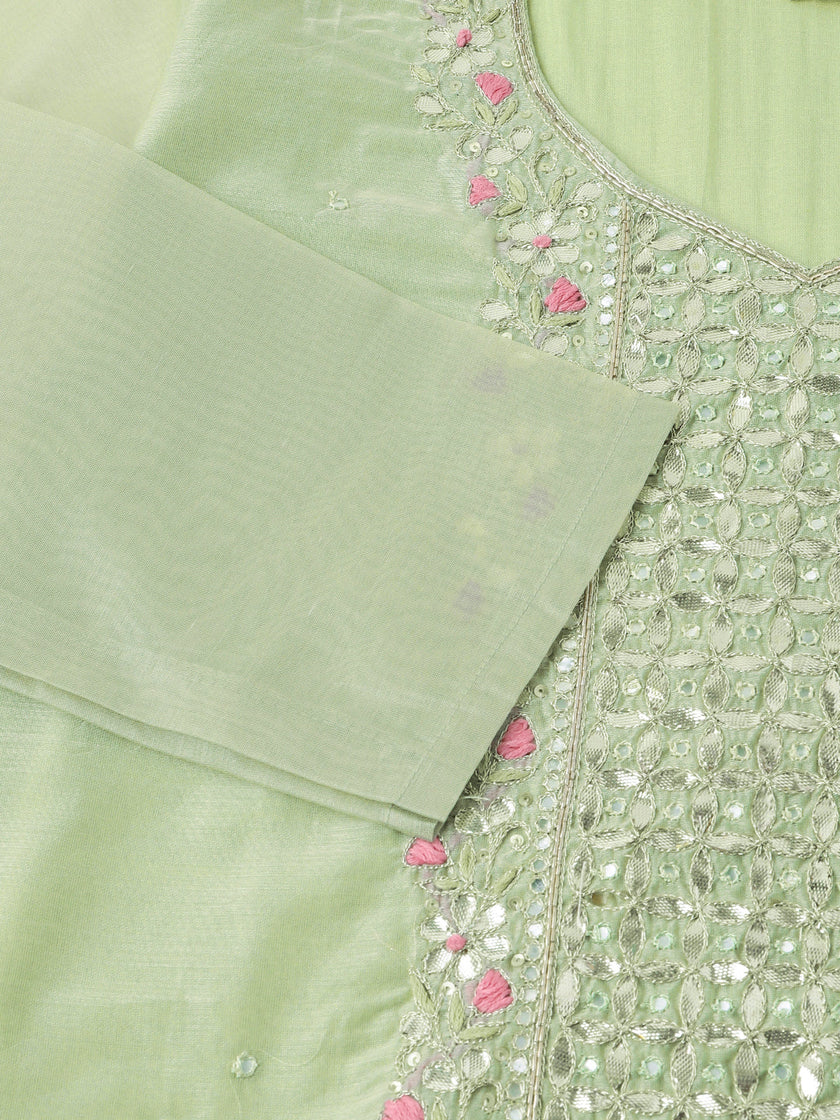 Divena Green Pink Embroidered  Chanderi  Kurta, Trouser With Dupatta