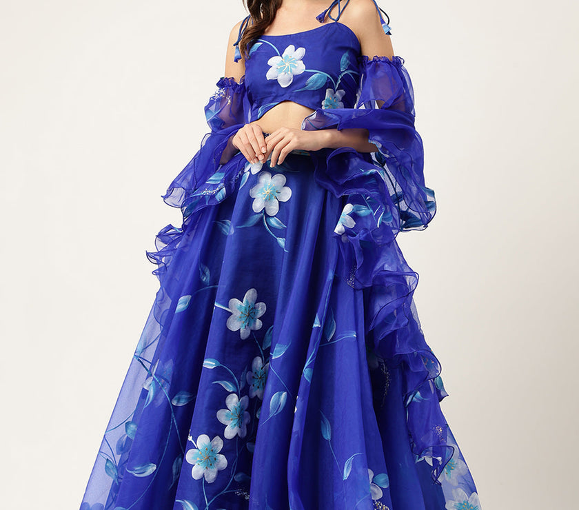 Blue Floral Hand Painted Lehenga & Blouse With Dupatta