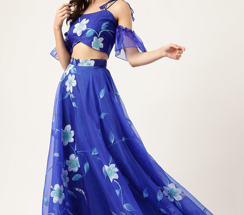 Blue Floral Hand Painted Lehenga & Blouse With Dupatta