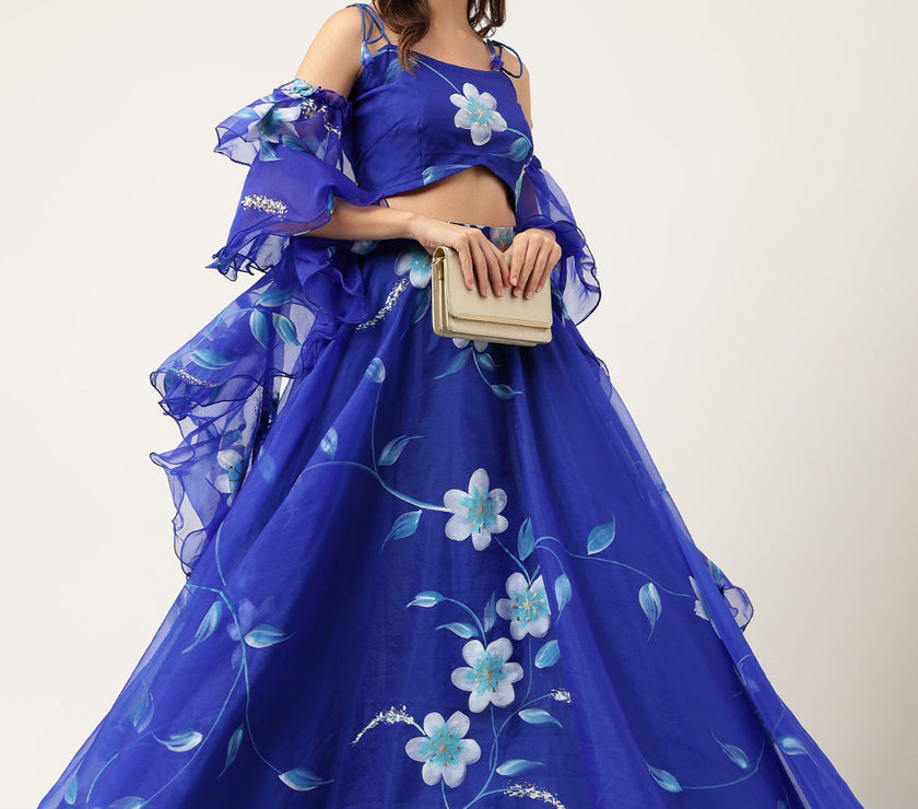 Blue Floral Hand Painted Lehenga & Blouse With Dupatta