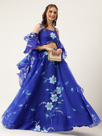 Blue Floral Hand Painted Lehenga & Blouse With Dupatta