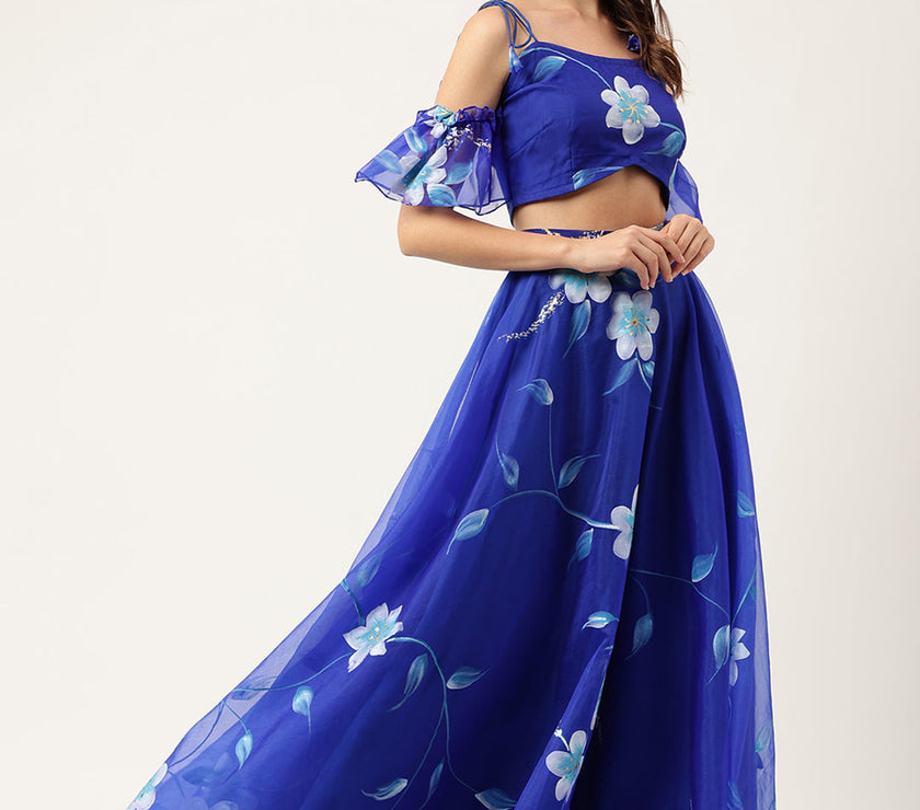 Blue Floral Hand Painted Lehenga & Blouse With Dupatta