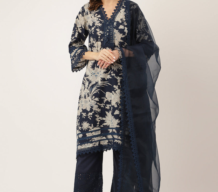 Divena Navy Blue Floral Print Cotton Kurta, Trouser With Dupatta