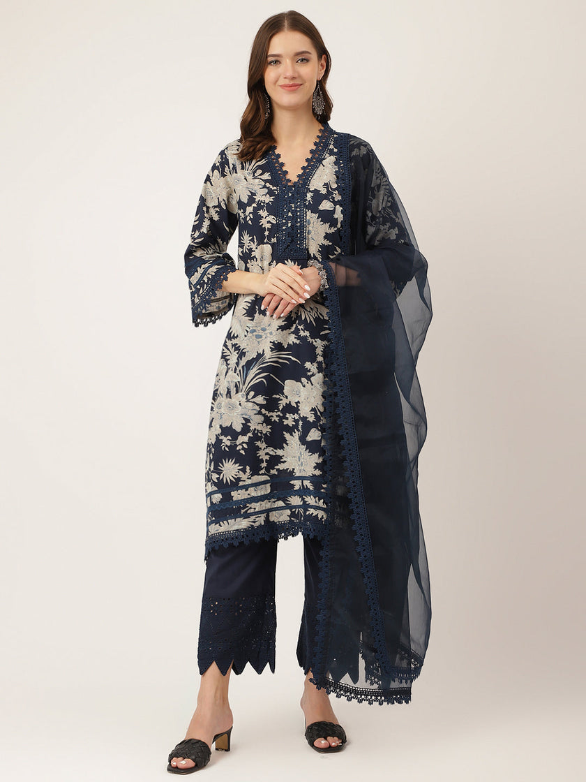 Divena Navy Blue Floral Print Cotton Kurta, Trouser With Dupatta