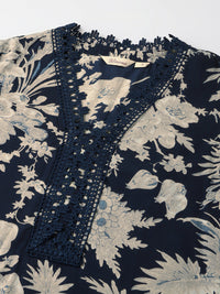 Divena Navy Blue Floral Print Cotton Kurta, Trouser With Dupatta