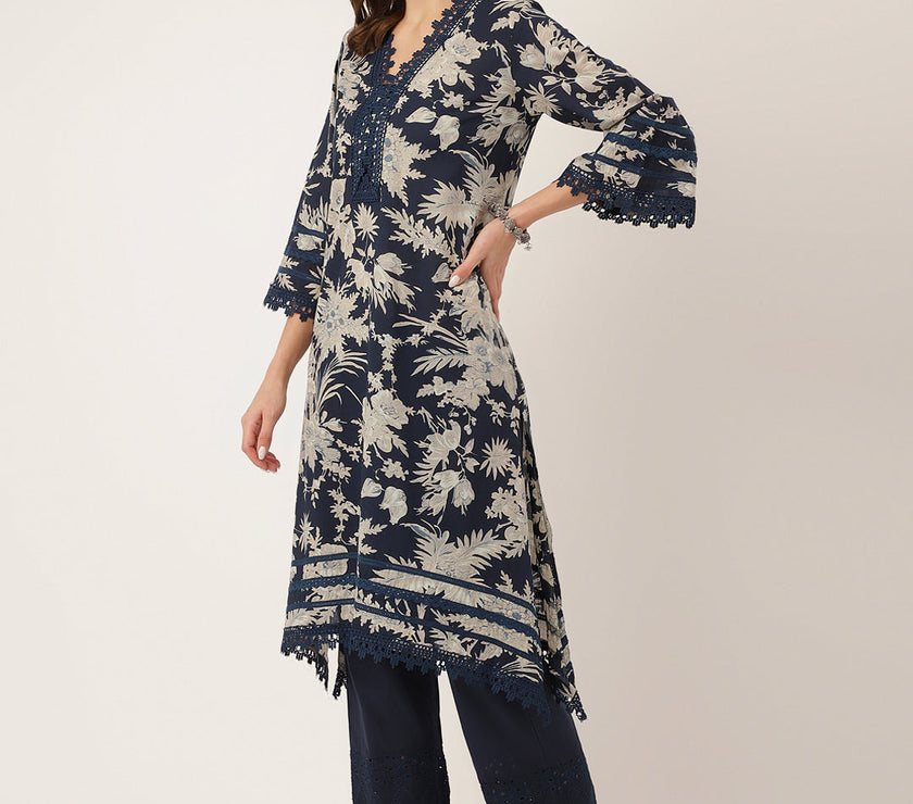 Divena Navy Blue Floral Print Cotton Kurta, Trouser With Dupatta