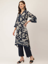 Divena Navy Blue Floral Print Cotton Kurta, Trouser With Dupatta