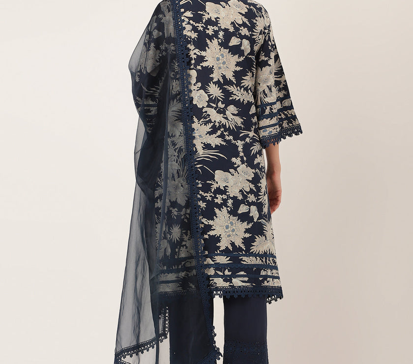 Divena Navy Blue Floral Print Cotton Kurta, Trouser With Dupatta