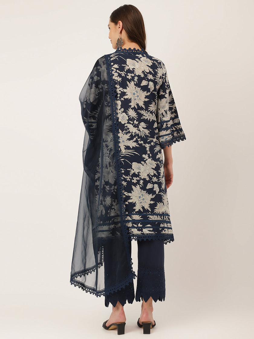 Divena Navy Blue Floral Print Cotton Kurta, Trouser With Dupatta