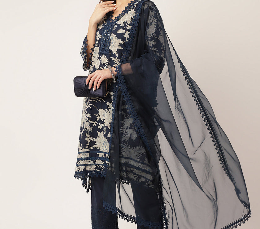 Divena Navy Blue Floral Print Cotton Kurta, Trouser With Dupatta