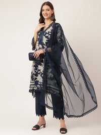 Divena Navy Blue Floral Print Cotton Kurta, Trouser With Dupatta