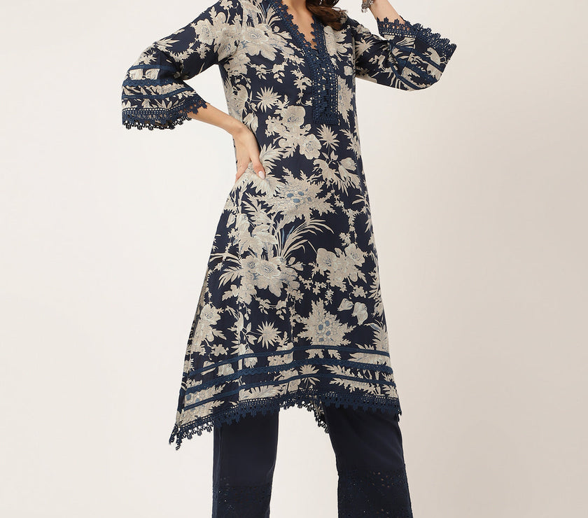 Divena Navy Blue Floral Print Cotton Kurta, Trouser With Dupatta