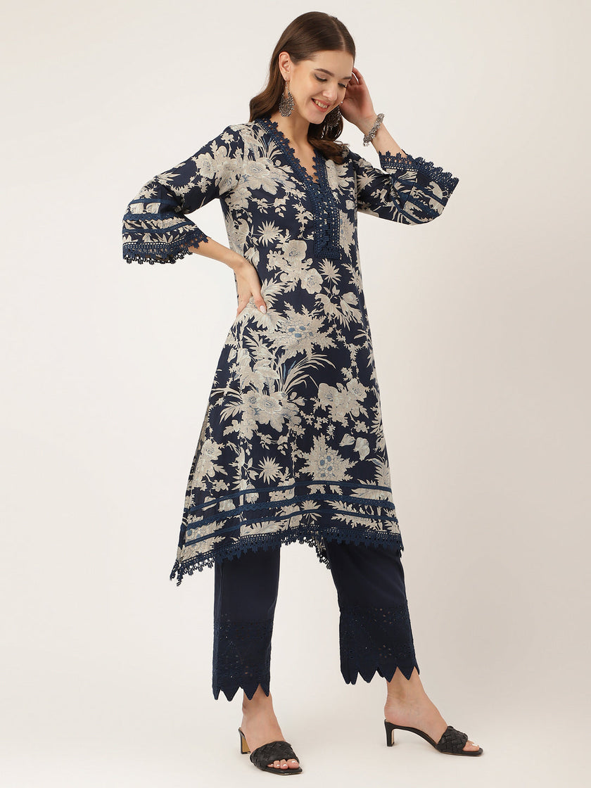 Divena Navy Blue Floral Print Cotton Kurta, Trouser With Dupatta