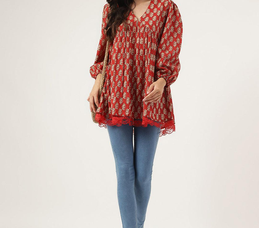 Divena Red Floral Cotton Pemplum Style Top - divena world