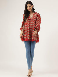 Divena Red Floral Cotton Pemplum Style Top - divena world