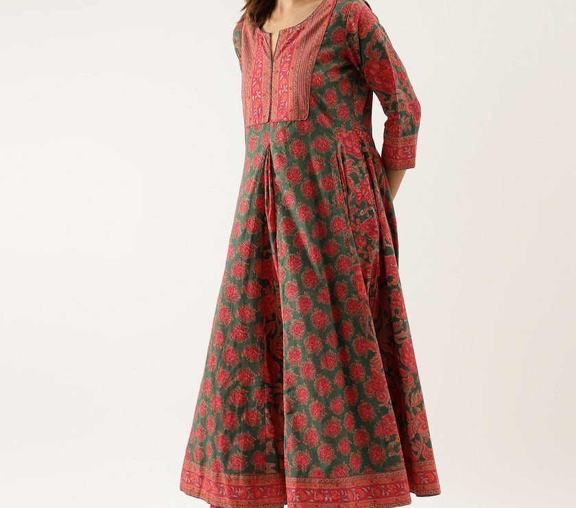 Divena Green Floral Printed Flared Kurta Dress for Women