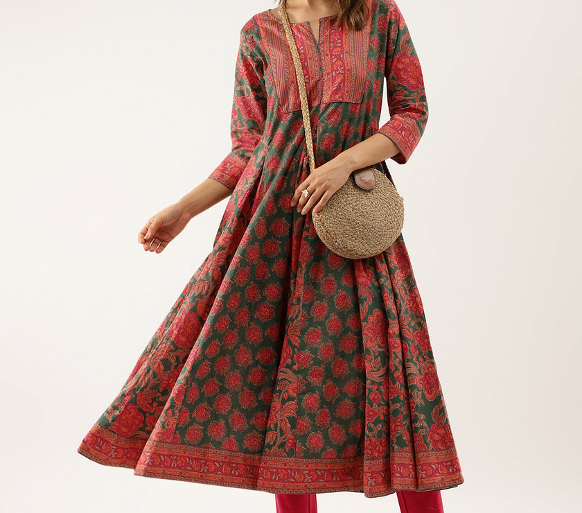 Divena Green Floral Printed Flared Kurta Dress for Women