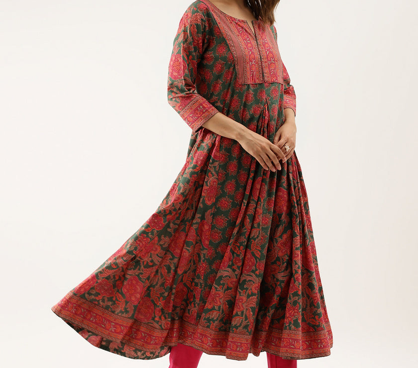 Divena Green Floral Printed Flared Kurta Dress for Women