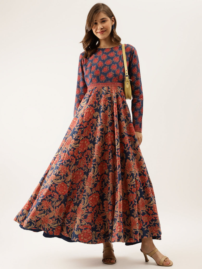 Divena Blue Maroon Floral Printed Cotton Ethnic Long Kurta for Women