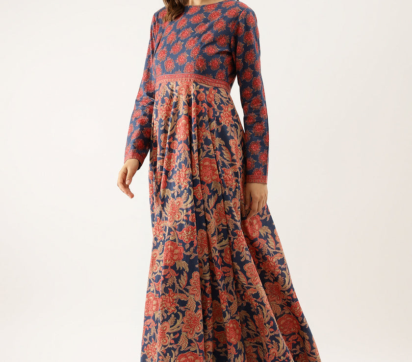 Divena Blue Maroon Floral Printed Cotton Ethnic Long Kurta for Women