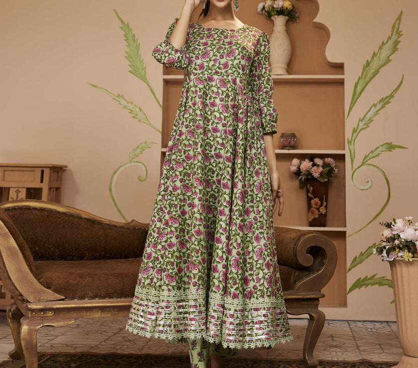 Divena HandBlock Floral Printed Green Anarkali Cotton Kurta With Trousers