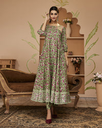 Divena HandBlock Floral Printed Green Anarkali Cotton Kurta With Trousers