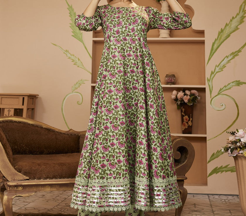 Divena HandBlock Floral Printed Green Anarkali Cotton Kurta With Trousers