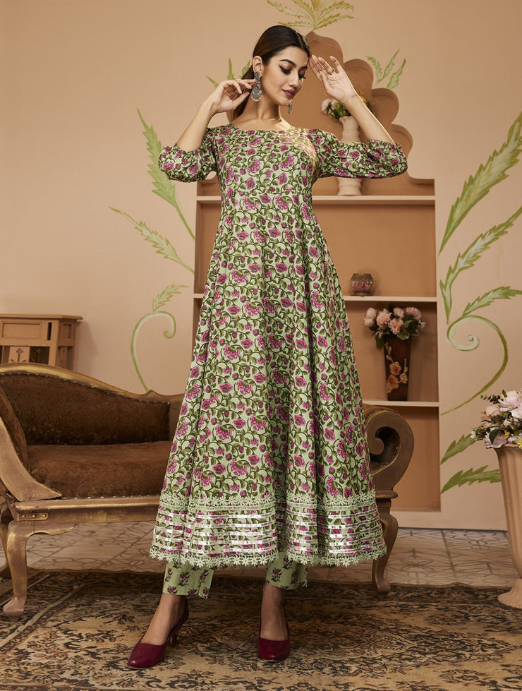 Divena HandBlock Floral Printed Green Anarkali Cotton Kurta With Trousers