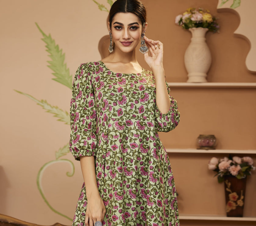 Divena HandBlock Floral Printed Green Anarkali Cotton Kurta With Trousers