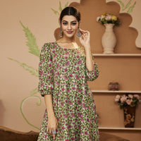 Divena HandBlock Floral Printed Green Anarkali Cotton Kurta With Trousers