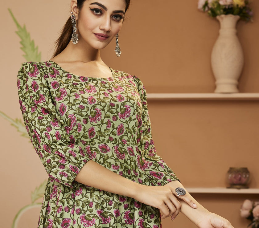 Divena HandBlock Floral Printed Green Anarkali Cotton Kurta With Trousers