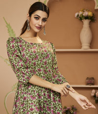 Divena HandBlock Floral Printed Green Anarkali Cotton Kurta With Trousers