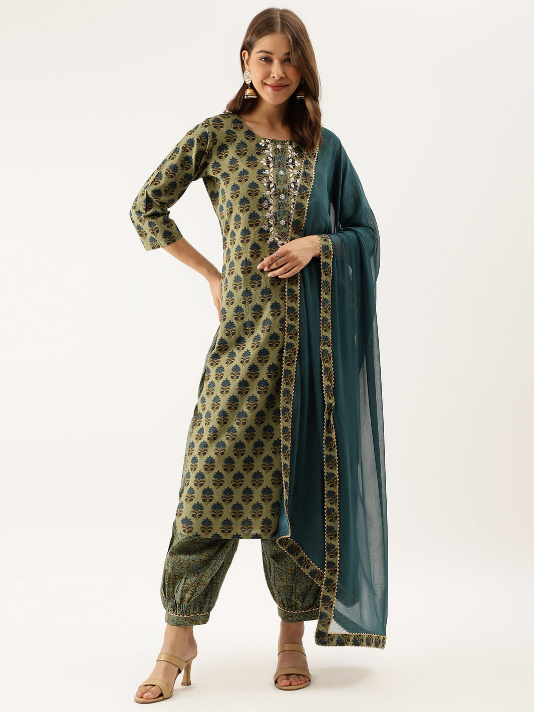 Divena Green Floral Print Cotton Embroidered Kurta set with Dupatta