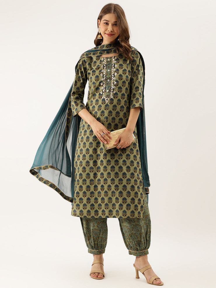 Divena Green Floral Print Cotton Embroidered Kurta set with Dupatta