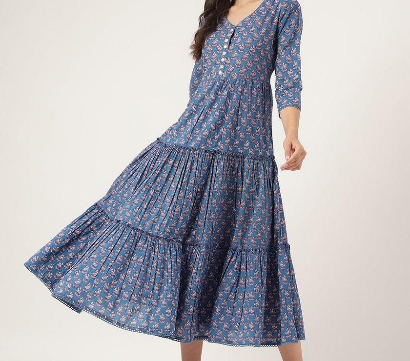 Divena Blue Floral Printed Long dress - divena world