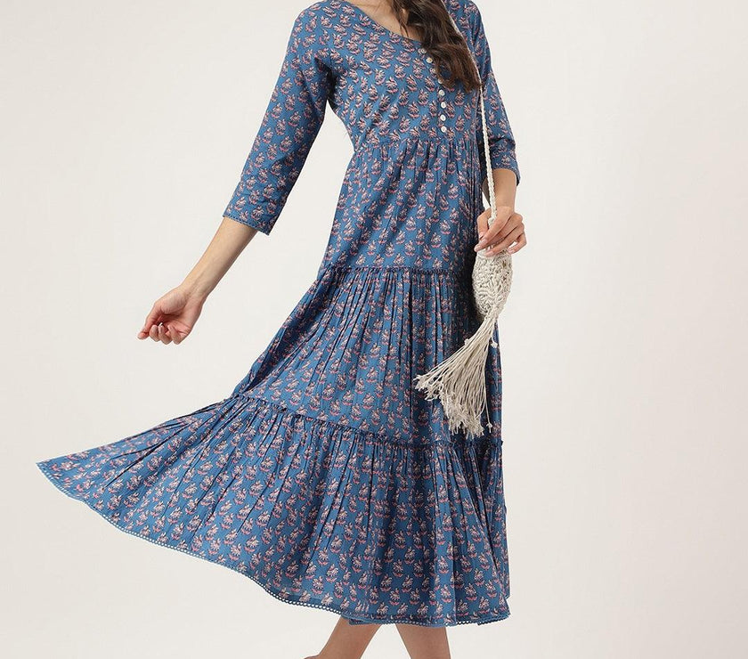 Divena Blue Floral Printed Long dress - divena world