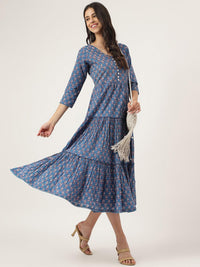 Divena Blue Floral Printed Long dress - divena world