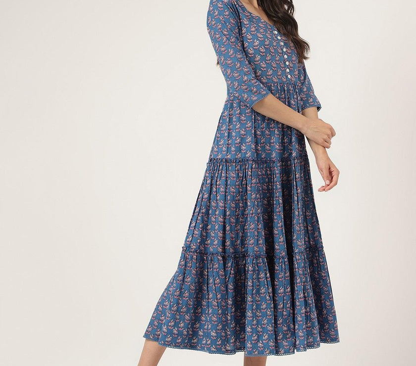 Divena Blue Floral Printed Long dress - divena world