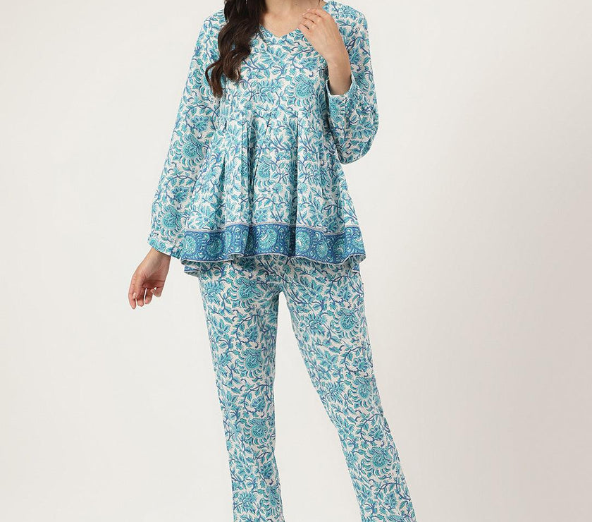 Divena White Floral Printed Cotton Peplum Top Pant Co-ords Sets - divena world