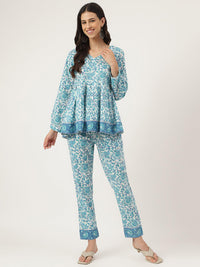 Divena White Floral Printed Cotton Peplum Top Pant Co-ords Sets - divena world