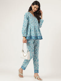 Divena White Floral Printed Cotton Peplum Top Pant Co-ords Sets - divena world