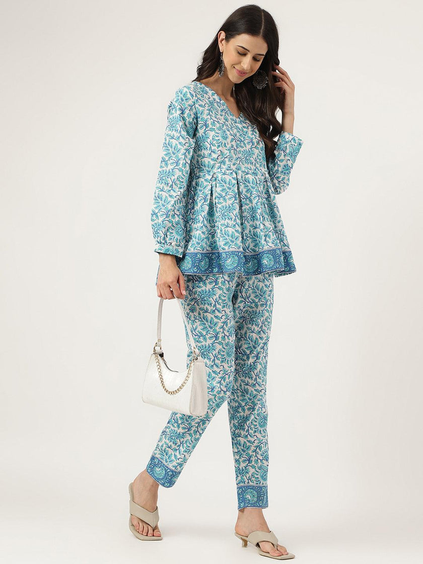 Divena White Floral Printed Cotton Peplum Top Pant Co-ords Sets - divena world