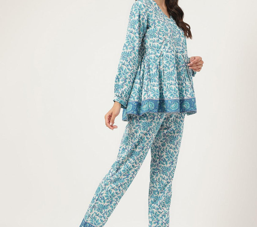 Divena White Floral Printed Cotton Peplum Top Pant Co-ords Sets - divena world