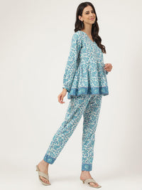 Divena White Floral Printed Cotton Peplum Top Pant Co-ords Sets - divena world