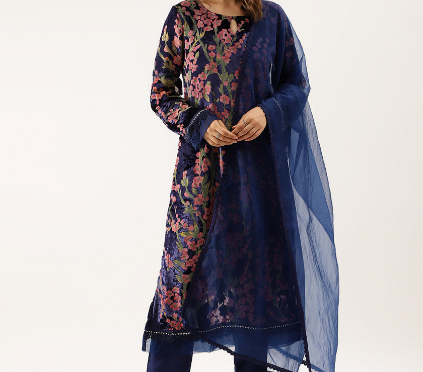 Divena Blue Floral Burnout Velvet Kurta Set with Organza Dupatta