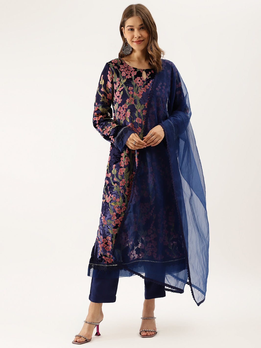 Divena Blue Floral Burnout Velvet Kurta Set with Organza Dupatta