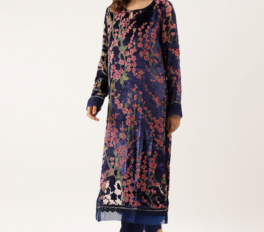 Divena Blue Floral Burnout Velvet Kurta Set with Organza Dupatta